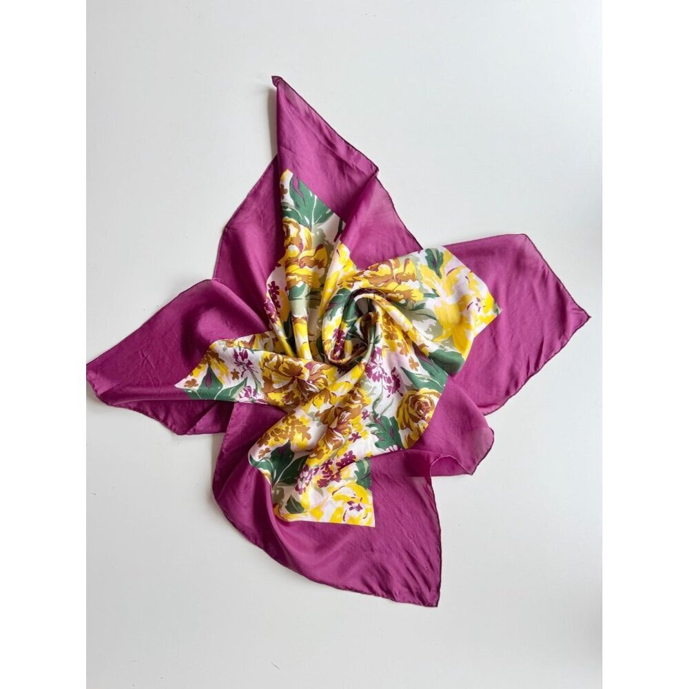 Vintage Unbranded Purple Yellow Rose Floral Silk Habotai 33" x 33" Square Scarf